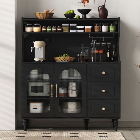 Buffet 120x40x138,5 cm - Meuble de salle à manger de bar avec prise et tiroirs, porte-verres et étagères réglables, meuble de cuisine - Noir