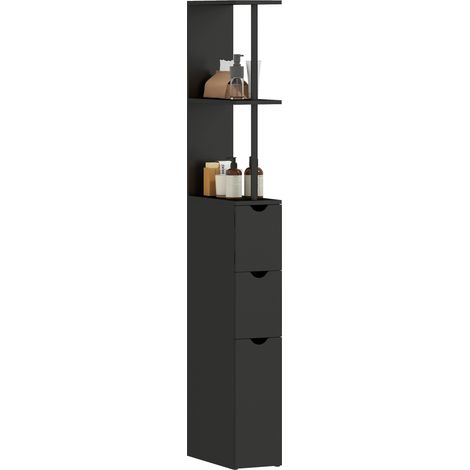 Armoire colonne bois noire 15x33x136.8cm avec étagères, tiroirs et rangement mural économiseur d'espace.