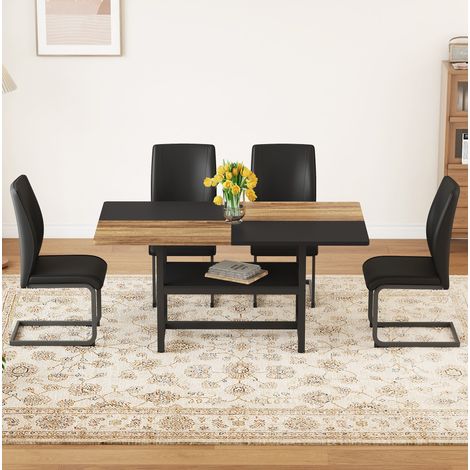 Set da pranzo con tavolo e 4 sedie in MDF e metallo nero effetto legno, 160x90x76 cm con ripiano integrato (1/5)