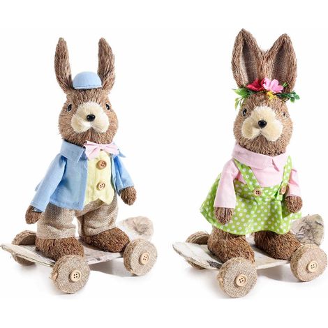 Coppia di Coniglietti Pasquali in Paglia Naturale con Skateboard e Abito Decorazione Artigianale per la Casa Idea Regalo per Pasqua Set da 2 Pezzi