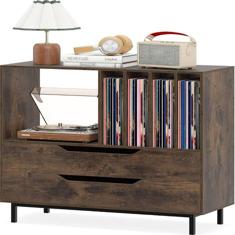 Meuble support platine vinyle 91 x 36 x 87 cm rangement organisé ambiance rétro et esthétique pratique en MDF café