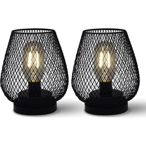 Cage Shaped Bedside Lamp Stack Metal Table Lamps Cordless with LED Edison Bulb Style for Bedroom, Party, Dining Room, Office (Black), Set of 2 (1/5)