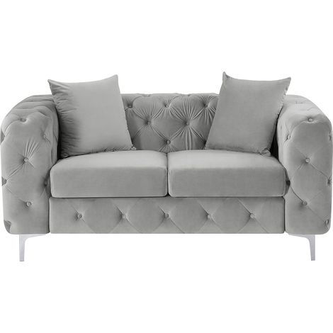 Canapé 2 places chesterfield en velours gris clair EDWINA (1/4)