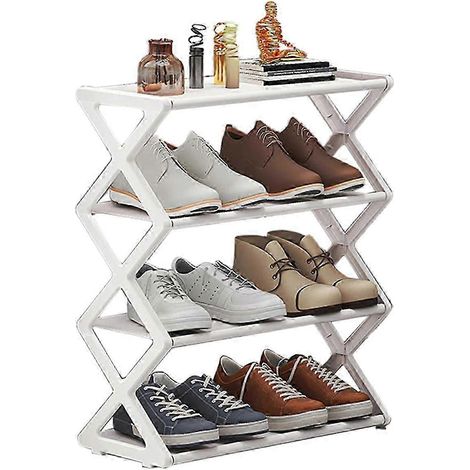 Étagère à chaussures en acier en forme de X, multifonctionnelle, à double niveau, gain de place, idéale pour les dortoirs, blanche. (1/4)