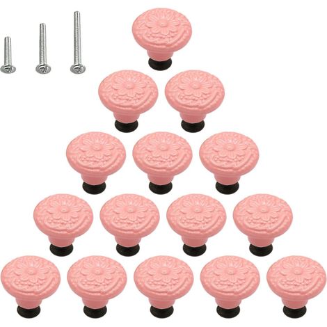 Lot de 15 poignées de tiroirs en céramique brillante style champignon pour armoire, commode, meuble, penderie, avec 3 vis de montage, rose (1/5)