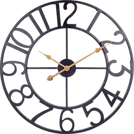 Grande horloge murale analogique vintage en métal noir avec chiffres arabes, silencieuse (sans tic-tac), 40 cm, aiguilles dorées. (1/5)