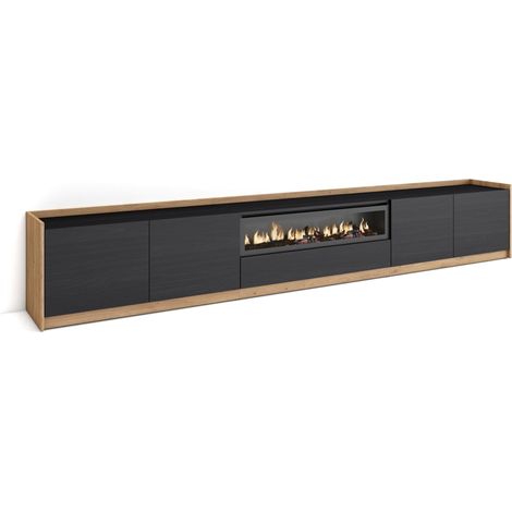 Skraut Home - Mueble TV, Televisión, 310x37x50cm, Para TV hasta 80", Chimenea eléctrica, Negro y roble (1/5)