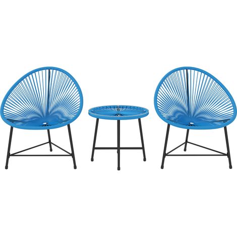 Polyrattan Gartenmöbel Set 2 Personen Lounge Balkonmöbel Tisch mit gehärtetem Glas Terrasse Blau