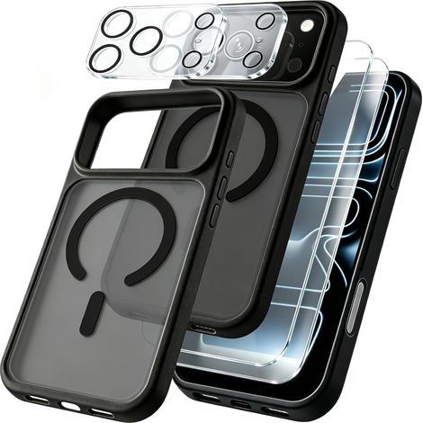 Coque Magnétique pour iPhone 18 Pro 6.3'' avec 2 Pièces Verre Trempé Protection Écran et 2 Pièces Caméra Protecteur, Anti-Rayures, Anti-Dérapante, Étui de Noir Mat TPU Protection (1/5)