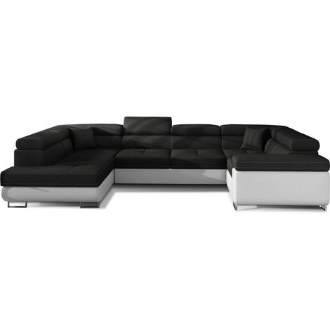 Canapé convertible panoramique TOVY tissu et simili cuir - têtières réglables à gauche-Blanc/Noir-Coffre à gauche (1/5)