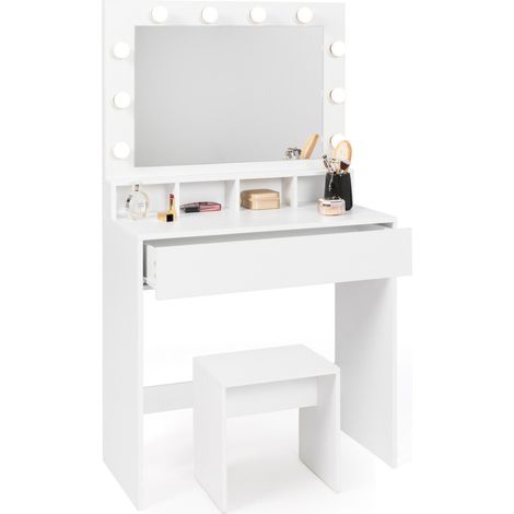 Idmarket – Coiffeuse enfant ZELIA avec miroir LED 63x43cm – 4 niches et 1 tiroir – Dimensions 80x40x140cm – Panneaux de particules blancs