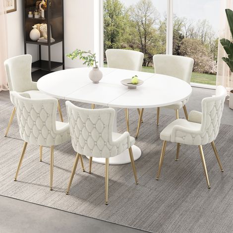 Juego de 6 sillas de comedor de terciopelo beige con patas de metal, diseño moderno,55×47×85cm (1/5)