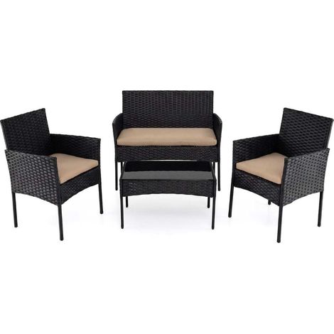 Salon de jardin kaki en résine tressée avec fauteuil, 2 chaises, table en verre trempé et coussins pour balcon, terrasse et jardin