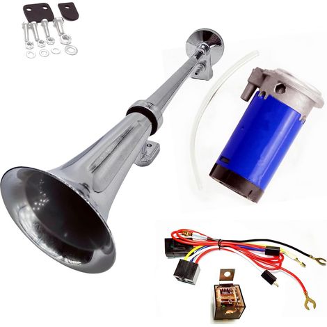 Car Horn Klaxon de voiture Trompette de camion Corne de bateau 24V Haut - parleur Klaxon d'air de voiture Chrome Zinc argent Corne de voiture avec compresseur bleu Pour 24V camion bateau etc (1/5)