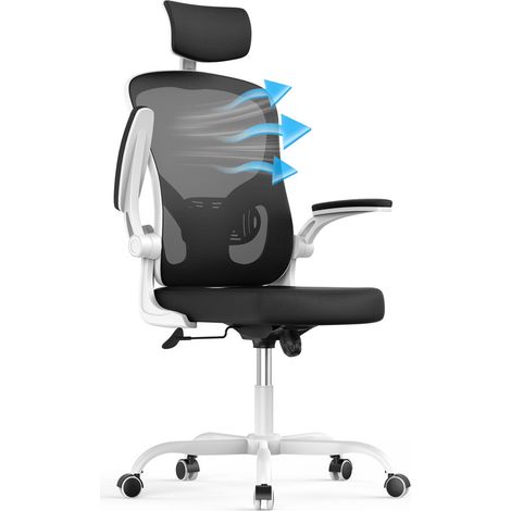 Rattantree - Silla de oficina ergonómica - Con reposabrazos abatibles hasta 90° - Altura regulable de 45-55 cm - Inclinación de 90-120° - Con reposacabezas 2D - Ancho del asiento 51 cm - Blanco y negr