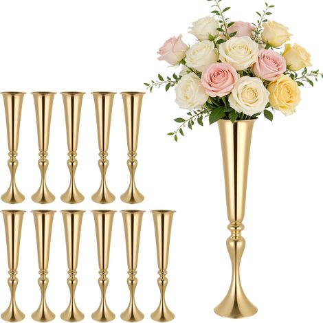 VEVOR Jarrones Decorativos, Paquete de 12 Piezas, Florero de Trompeta Metálico Dorado, Altura de 55 cm, Centro de Mesa para Boda, Decoración para Banquete Ceremonia Fiesta Recepción Exhibición Hogar (1/5)