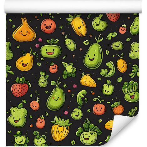 Papier peint Kawaii Légumes Olive et Graphite pour Salon et Chambre 50x1000 cm (1/4)