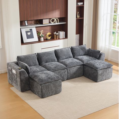 Canapé modulaire 322x161x75 cm gris foncé en chenille avec poches latérales, coussins et 2 poufs (1/5)