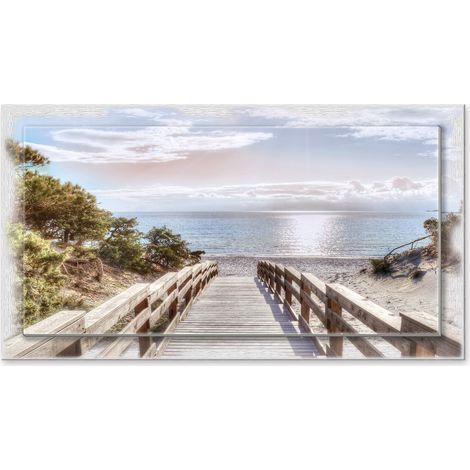 Lupia - Quadro moderno su Tela con Cornice stampata, NEWEXT 75x135 cm PONTILE SULLA SPIAGGIA LIGHT, stampa tela in cotone e cornice legno mdf, soggiorno, camera da letto, cucina, ufficio (1/4)