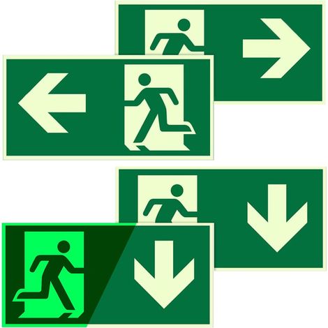 4 Pièces Panneau Sortie de Secours, 30x15cm Autocollant Panneau Issue de Secours Fluorescente, 1“Gauche”, 1“ Droite” et 2“ Bas” (1/5)