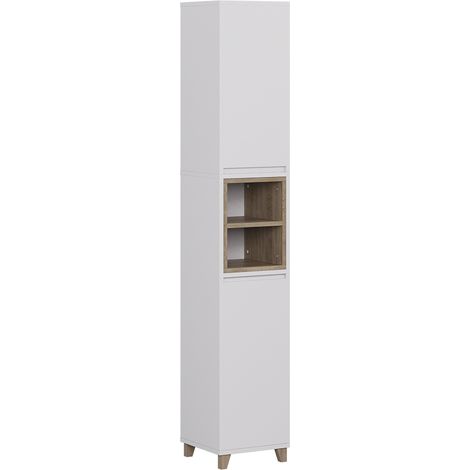 Armadio per il bagno Elnor, Bianco/quercia, 30 x 170 cm con 2 porte, Vicco