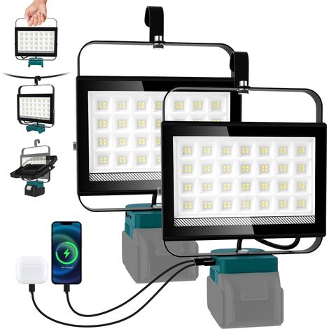 Projecteur LED Compatible avec 18V, 100W 6500LM Lampe de Chantier, 2 Modes 6000K Phare avec Type C et USB pour Chantier, Garage, Camping, Pêche, 2 Pièces, Sans Batterie (1/5)