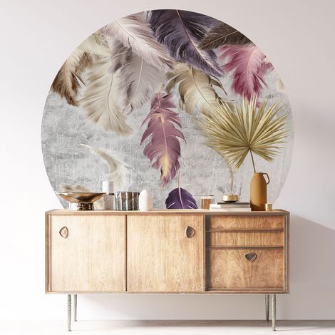 Sticker mural rond / cercle - Plumes - Diamètre 30 cm - Adhésif MAT (1/3)