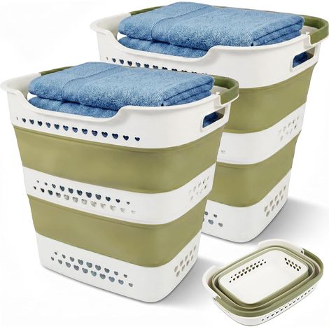 Lot de 2 Paniers à Linge Pliables 42 L, Corbeilles en Plastique avec Poignées, Gain de Place pour Vêtements, Vert (1/5)