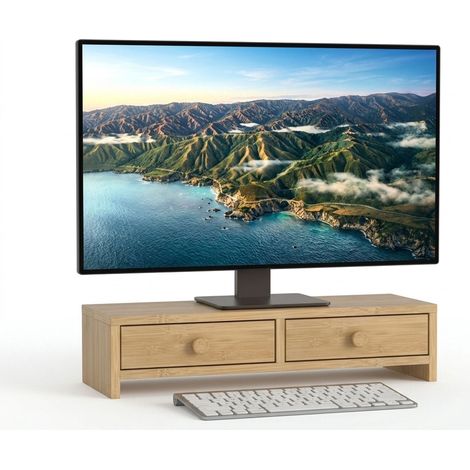 Wood Monitor Riser with 2 Drawers, 12.5 x 47 x 18 cm (1/5)