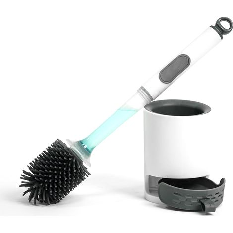 Brosse WC flexible en silicone avec support, nettoyant en profondeur anti-rayures pour cuvette incurvée, conception anti-gouttes et peu encombrante avec fixation murale adhésive (1/5)