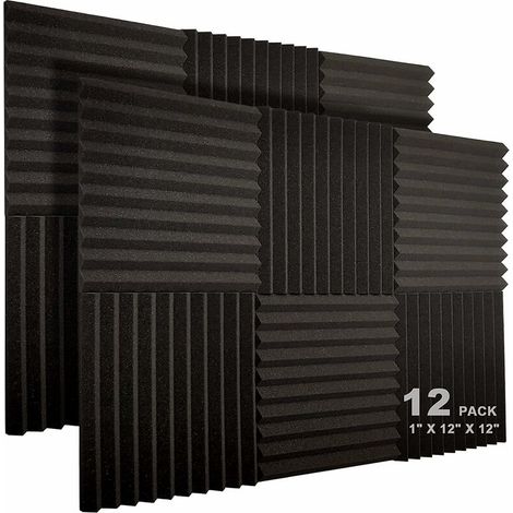 Lot de 12 Panneaux de Mousse Acoustique, 2,5 x 30,5 x 30,5 cm Studio Insonorisé en Forme de Coin Ignifuge Insonorisant Liner Mousse de Traitement Acoustique (Noir) (1/5)
