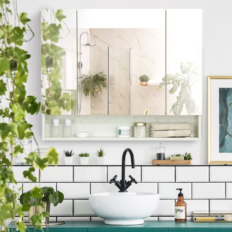 Mobiletto da bagno con specchio, 3 ante, ripiano regolabile e scomparto, 90x15x75 cm, bianco