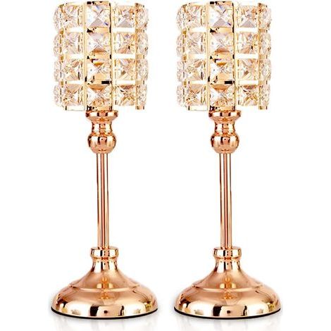 Bougeoirs en Cristal d'or 2 PCS Tea Light Cylindre en métal Chandelier Luxueux 29,5 CM de Hauteur Bougeoir Ornements pour centres de Table de Mariage de Salon de Noël (Moyen) (1/5)