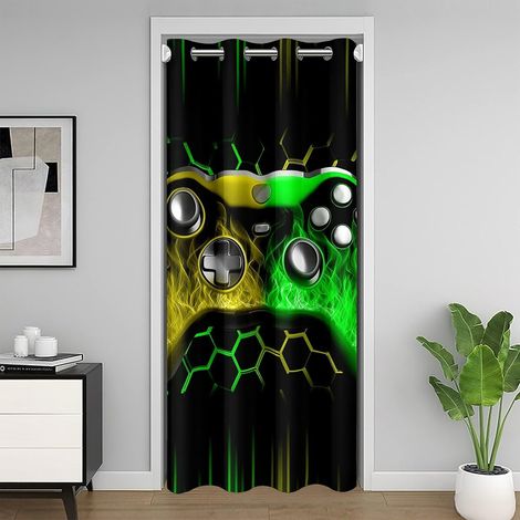 Rideau de Porte Console de Jeu Rideau Occultant Enfants Adolescents Adultes Jaune Vert Poignée de Jeu Rideaux Porte 86x203 Jeu 3D Géométrique Rideaux de Placard Néon Peigne D'Miel pour Chambre - 86L X (1/5)