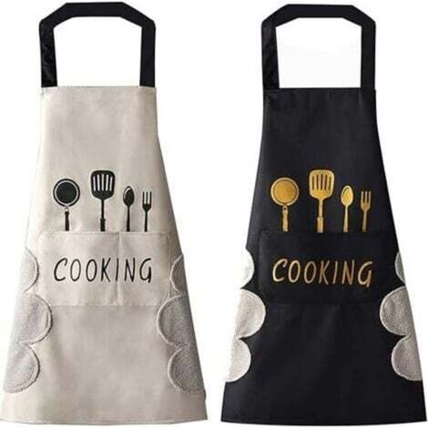 2 PCS Tablier de cuisine(Blanc et Noir) pour femme avec poches pour essuyer les mains, grande poche, essuyage à la main, imperméable pour la cuisine et la pâtisserie (1/4)