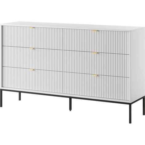 Cassettiera: 6 cassetti, Bianco, gambe nere, 154 x 39 x 83 cm, maniglie dorate (1/4)