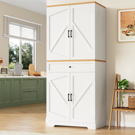 Buffet haut 80x40x180 cm avec 4 portes, compartiments et 1 tiroir, porte-épices, en MDF, pour salle à manger, cuisine ou salon, blanc
