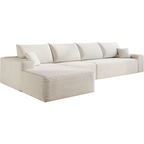 Canapé d'angle modulable 340 cm, sans montage, avec chaise longue réversible, tissu côtelé blanc, style moderne, salon ou chambre CHICFURN (1/5)