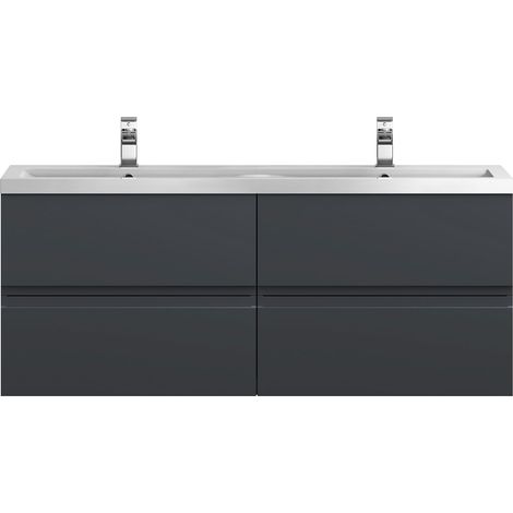 Hudson Reed Urban Satin Soft Black 600mm Wall Hung 2 Drawer Vanity Unit and Twin Ceramic Basins - URB1404F (1/4)