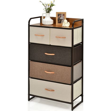 COSTWAY Commode en Tissu avec 5 Tiroirs Pliables, Tour de Rangement Polyvalente avec Cadre en Fer et Plateau en Bois, pour Couloir, Placards, Chambre à Coucher et Chambre d'enfant (1/5)