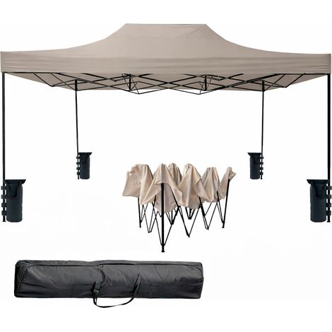 Gazebo Professionale Richiudibile Automatico In Acciaio Con Telo Oxford PVC Impermeabile Anti UV Struttura A Fisarmonica Con Sacche Zavorra E Borsa Trasporto Per Sagre Feste Eventi 3x4.5 M Tortora (1/5)