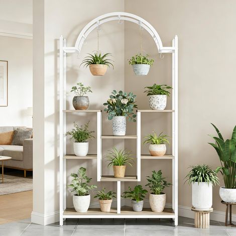 Étagère à plantes 5 niveaux avec crochets, blanc, pour balcon ou jardin (1/5)