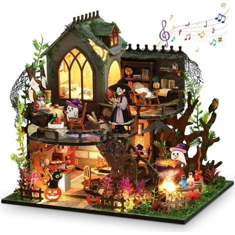 Halloween Ensemble de Maison Miniature, DIY Maison Miniature Jardin, 3D Maison de Poupées Miniature en Bois avec Meubles et Lumières LED pour Maison Cadeaux Créatifs,Idéal pour les festivals et les ré (1/5)