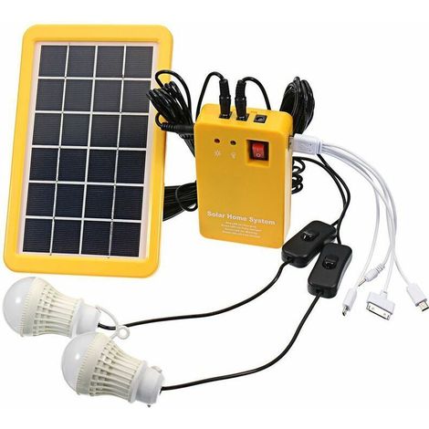 Solar System Generator Panel 3W USB Telefon Ladegerät +2 Glühbirnen
