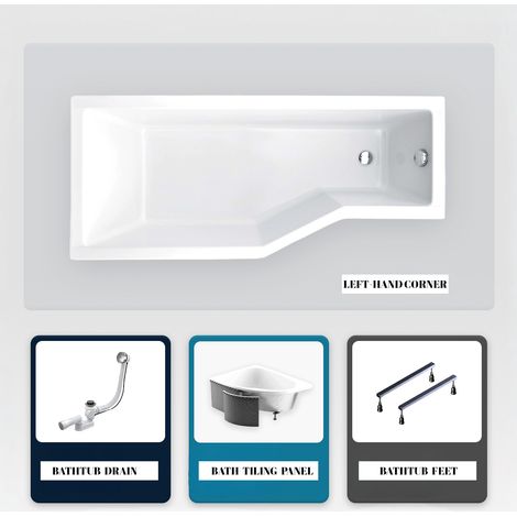 Asymmetrische Badewanne - 170 x 75 cm - Links - mit Verkleidung - mit Füßen - Ablaufgarnitur Chrom - INTEGRA