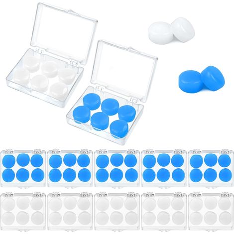 30 Paires Bouchons d'Oreilles Silicone Réutilisables pour Dormir, Natation, Concert, Avion - Blanc et Bleu (1/5)