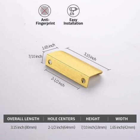 NALOOKAMIC Poignée Invisible Dorée, 10 pièce Poignée Dorée Poignée de Meuble Dorée Poignee de Meuble Invisible entraxe 64mm
