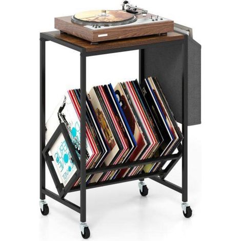 Support de platine vinyle à roulettes avec rangement pour disques et porte-revues - Marron rustique (1/5)