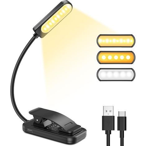 Lampe de Lecture 10 LED, wiederaufladbare Liseuse-Lampe mit Clip, 3 Farben (Chaud/Blanc/Mixte), 360° Couleur [Energieklasse E] (1/5)