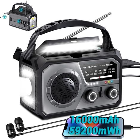 Radio di emergenza alimentata a energia solare da 16000 mAh - radio meteo wireless NOAA AM/FM - USB - tipo di ricarica C/C - 3 modalità di illuminazione - allarme SOS - 16000 m (1/5)